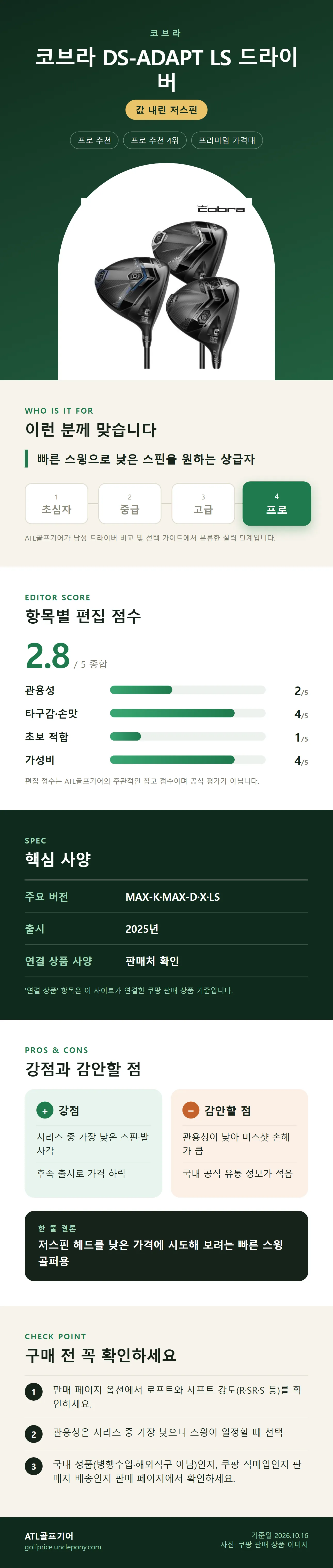 코브라 DS-ADAPT LS 드라이버 상세 정보: 추천 대상, 항목별 편집 점수, 핵심 사양, 강점과 감안할 점, 구매 전 확인