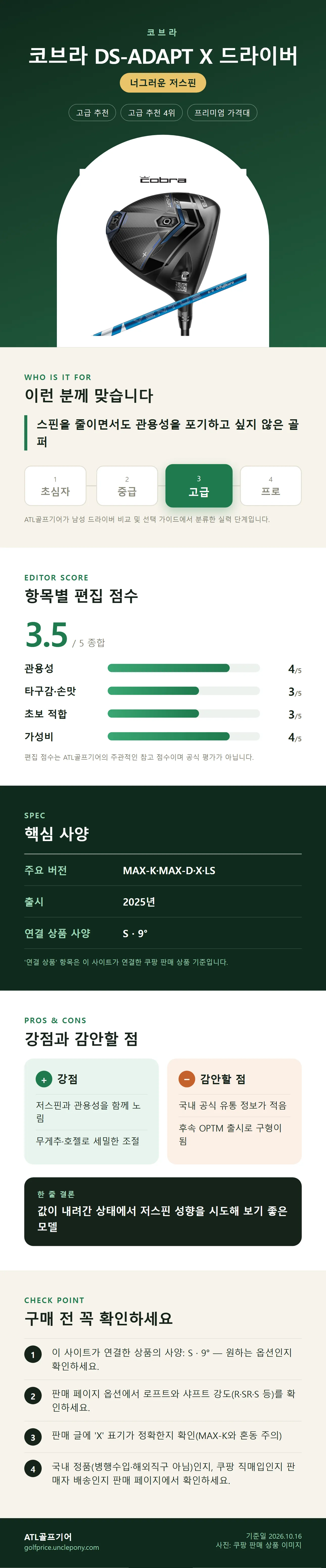 코브라 DS-ADAPT X 드라이버 상세 정보: 추천 대상, 항목별 편집 점수, 핵심 사양, 강점과 감안할 점, 구매 전 확인