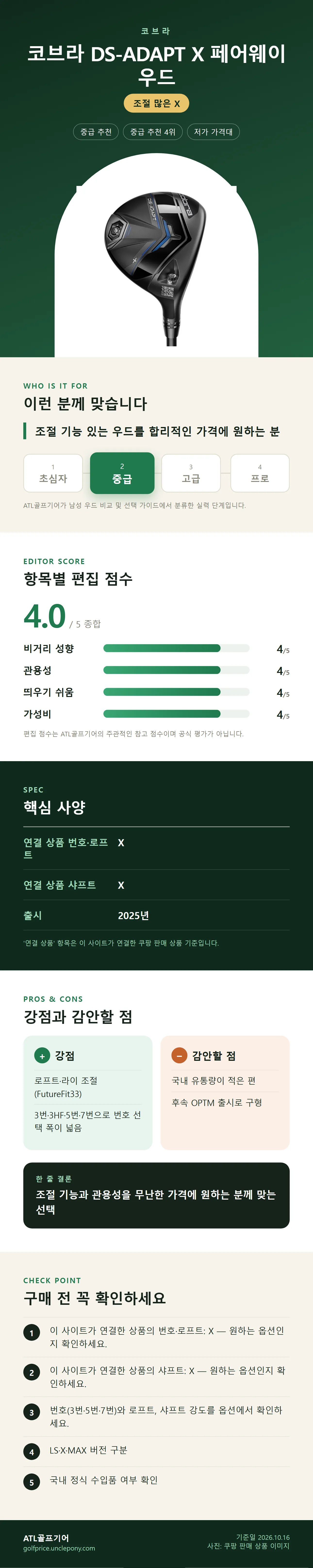 코브라 DS-ADAPT X 페어웨이 우드 상세 정보: 추천 대상, 항목별 편집 점수, 핵심 사양, 강점과 감안할 점, 구매 전 확인