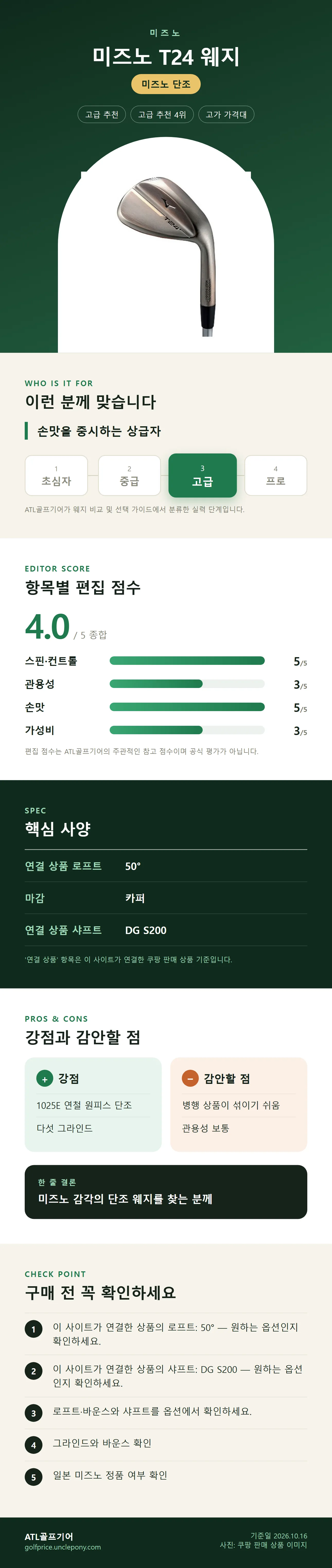 미즈노 T24 웨지 상세 정보: 추천 대상, 항목별 편집 점수, 핵심 사양, 강점과 감안할 점, 구매 전 확인