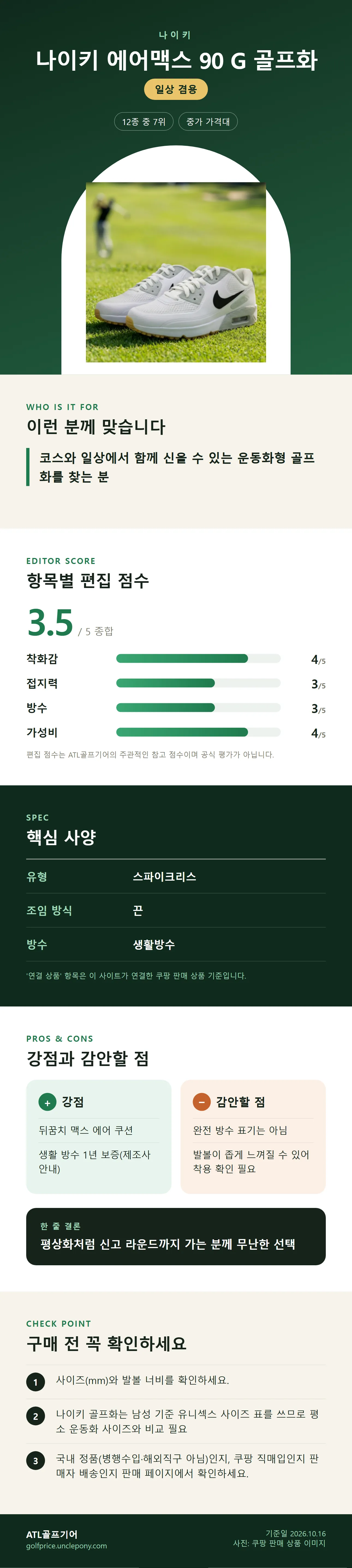 나이키 에어맥스 90 G 골프화 상세 정보: 추천 대상, 항목별 편집 점수, 핵심 사양, 강점과 감안할 점, 구매 전 확인