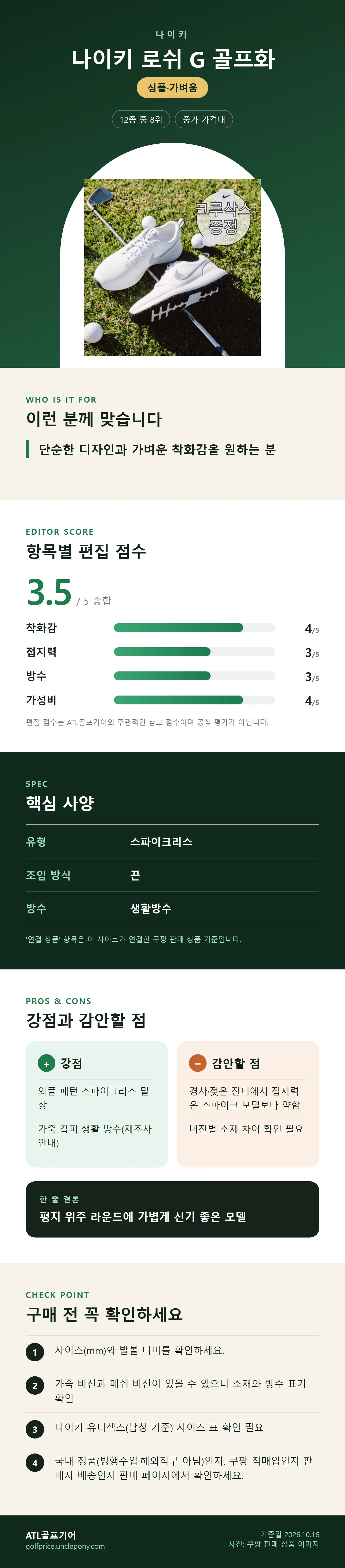 나이키 로쉬 G 골프화 상세 정보: 추천 대상, 항목별 편집 점수, 핵심 사양, 강점과 감안할 점, 구매 전 확인