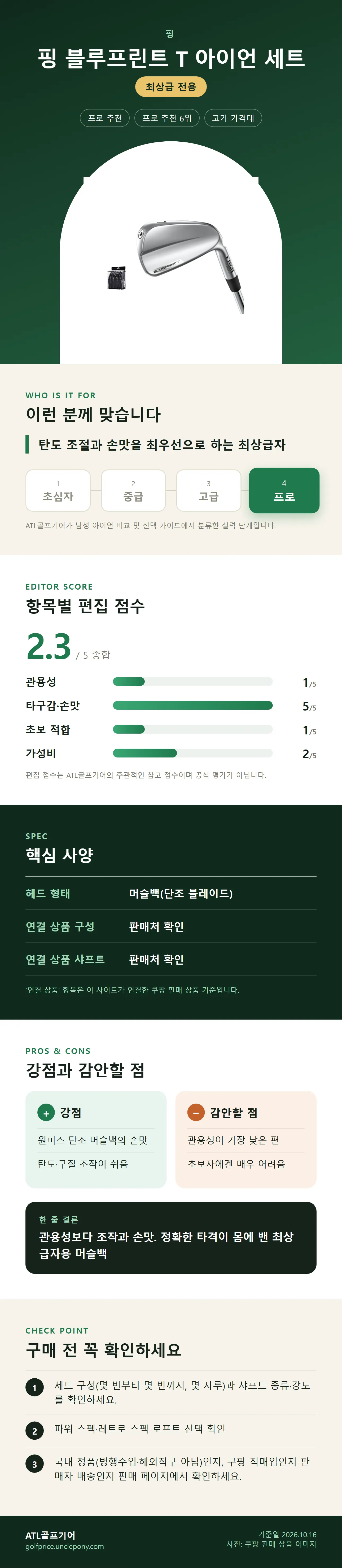 핑 블루프린트 T 아이언 세트 상세 정보: 추천 대상, 항목별 편집 점수, 핵심 사양, 강점과 감안할 점, 구매 전 확인