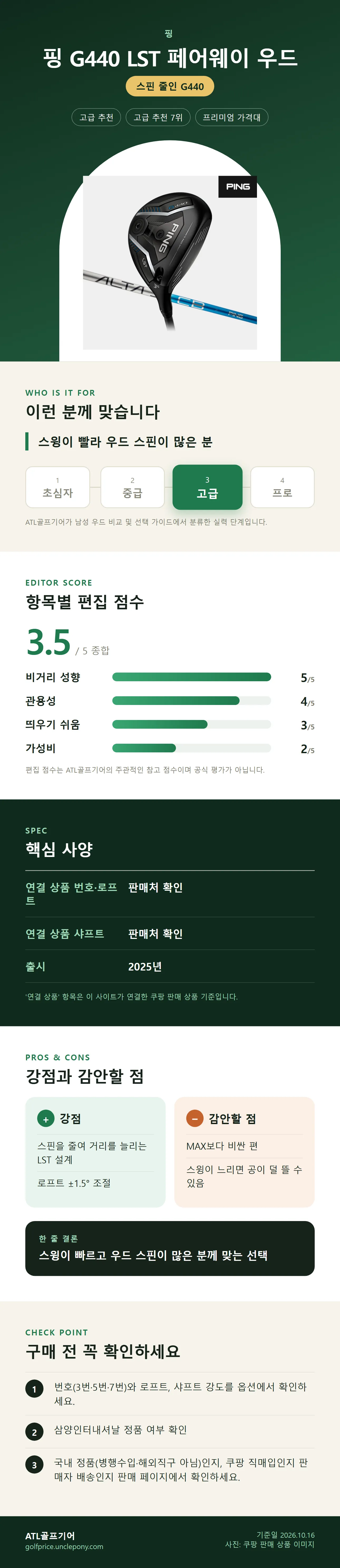 핑 G440 LST 페어웨이 우드 상세 정보: 추천 대상, 항목별 편집 점수, 핵심 사양, 강점과 감안할 점, 구매 전 확인