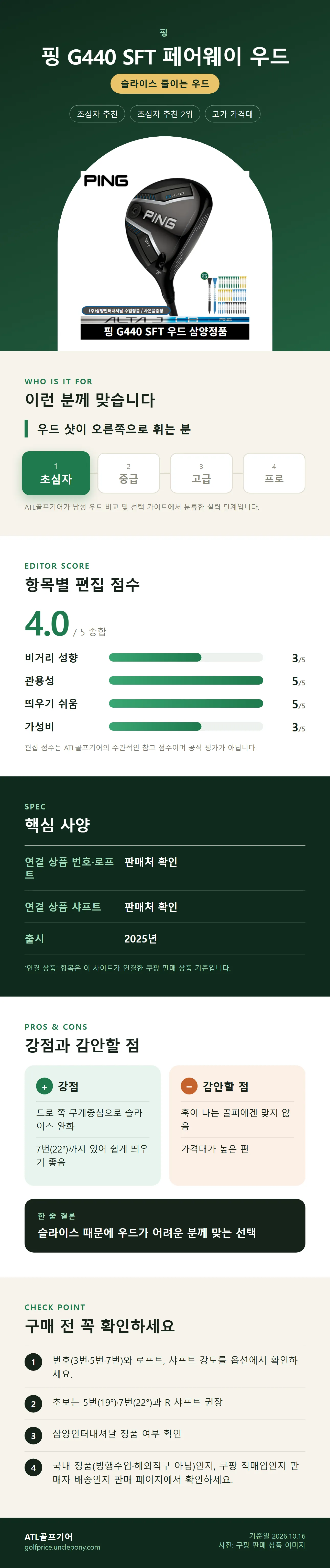 핑 G440 SFT 페어웨이 우드 상세 정보: 추천 대상, 항목별 편집 점수, 핵심 사양, 강점과 감안할 점, 구매 전 확인