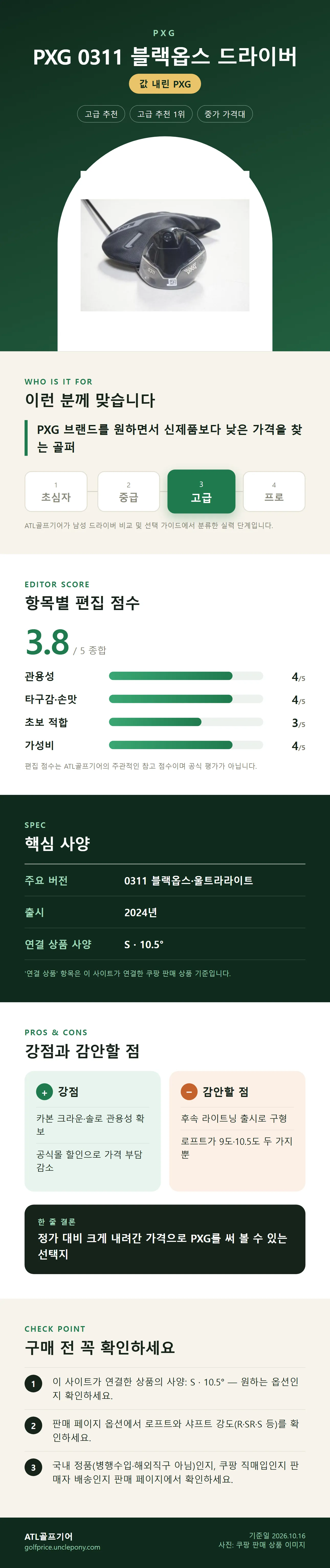 PXG 0311 블랙옵스 드라이버 상세 정보: 추천 대상, 항목별 편집 점수, 핵심 사양, 강점과 감안할 점, 구매 전 확인