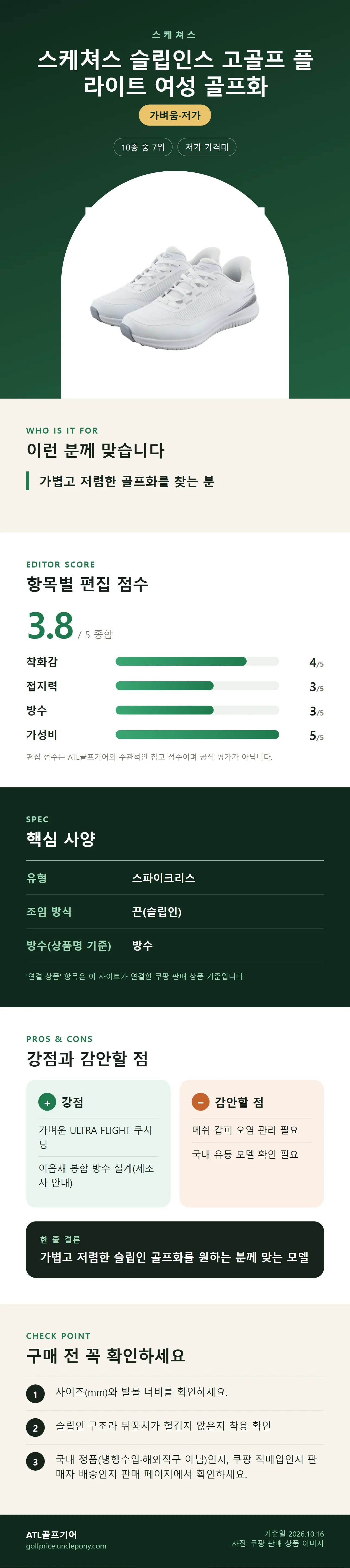 스케쳐스 슬립인스 고골프 플라이트 여성 골프화 상세 정보: 추천 대상, 항목별 편집 점수, 핵심 사양, 강점과 감안할 점, 구매 전 확인