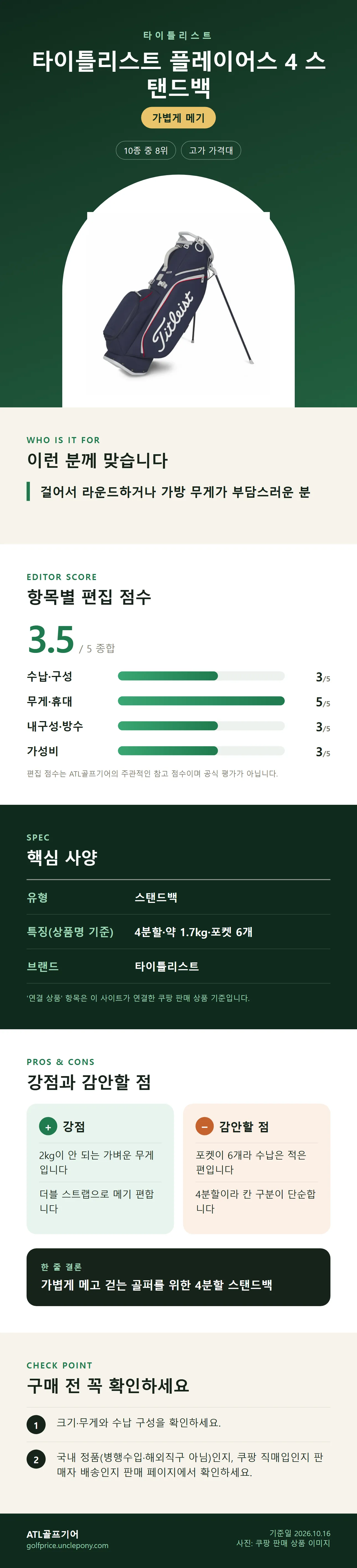 타이틀리스트 플레이어스 4 스탠드백 상세 정보: 추천 대상, 항목별 편집 점수, 핵심 사양, 강점과 감안할 점, 구매 전 확인
