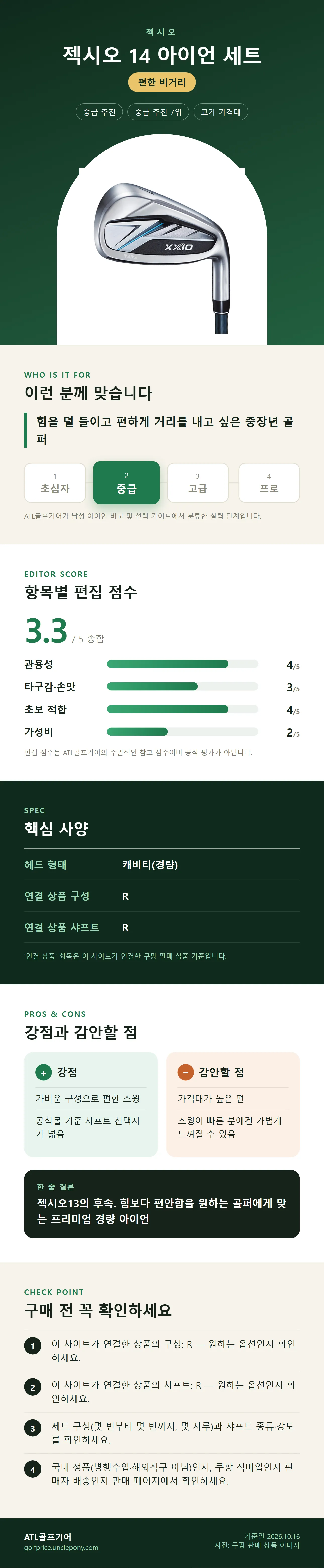 젝시오 14 아이언 세트 상세 정보: 추천 대상, 항목별 편집 점수, 핵심 사양, 강점과 감안할 점, 구매 전 확인